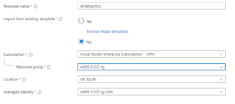 Azure Virtual Desktop Custom Image Basic Blade