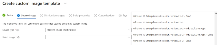 Azure Virtual Desktop Custom Image Source Blade